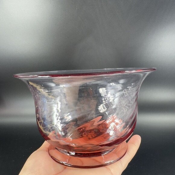 Hand Blown Optic Swirl Footed Bowl Dish Transparent Pink Glass Bowl Hand Made - Picture 13 of 16